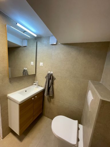 Bad 2 Kleines, modernes Badezimmer mit Toilette, Waschbecken und Spiegel an der Wand.