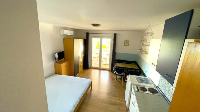 Wohn/Schlaf/Essbereich Kompakte Ferienwohnung mit Schlafzimmer, Küchenzeile und Balkon.