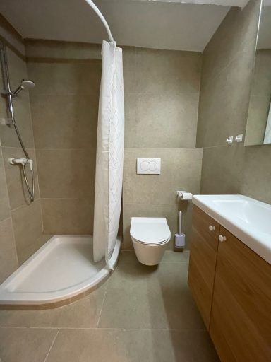 Bad 1 Moderne Badezimmeransicht mit Duschkabine, Waschbecken und WC.